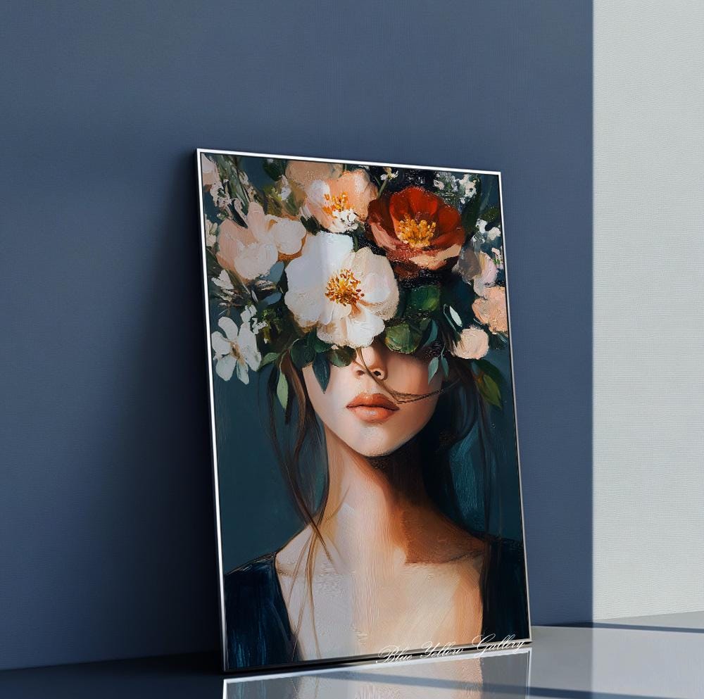 Navy Blue Figurative Female Print – floral woman art, abstract people wall decor for living room