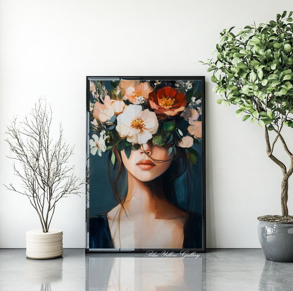 Navy Mid Century Lady with Bouquet – figurative eclectic print, boho wall decor, modern abstract art