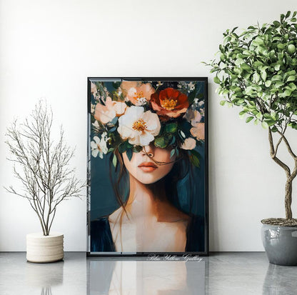 Navy Mid Century Lady with Bouquet – figurative eclectic print, boho wall decor, modern abstract art