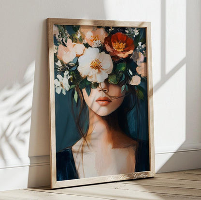Floral Female Portrait in Navy – mid century abstract people art print for trendy home decor