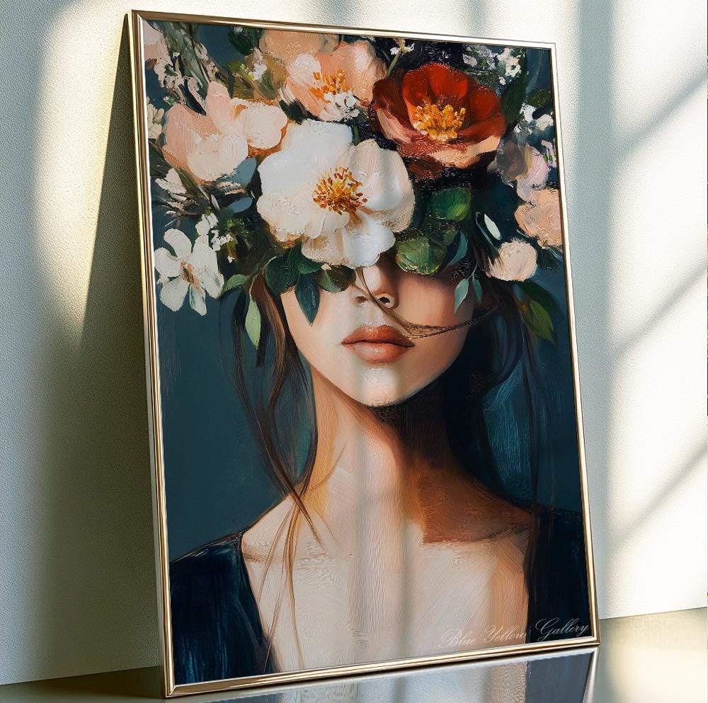 Mid Century Floral Woman Poster – navy and blush abstract female art, boho eclectic print
