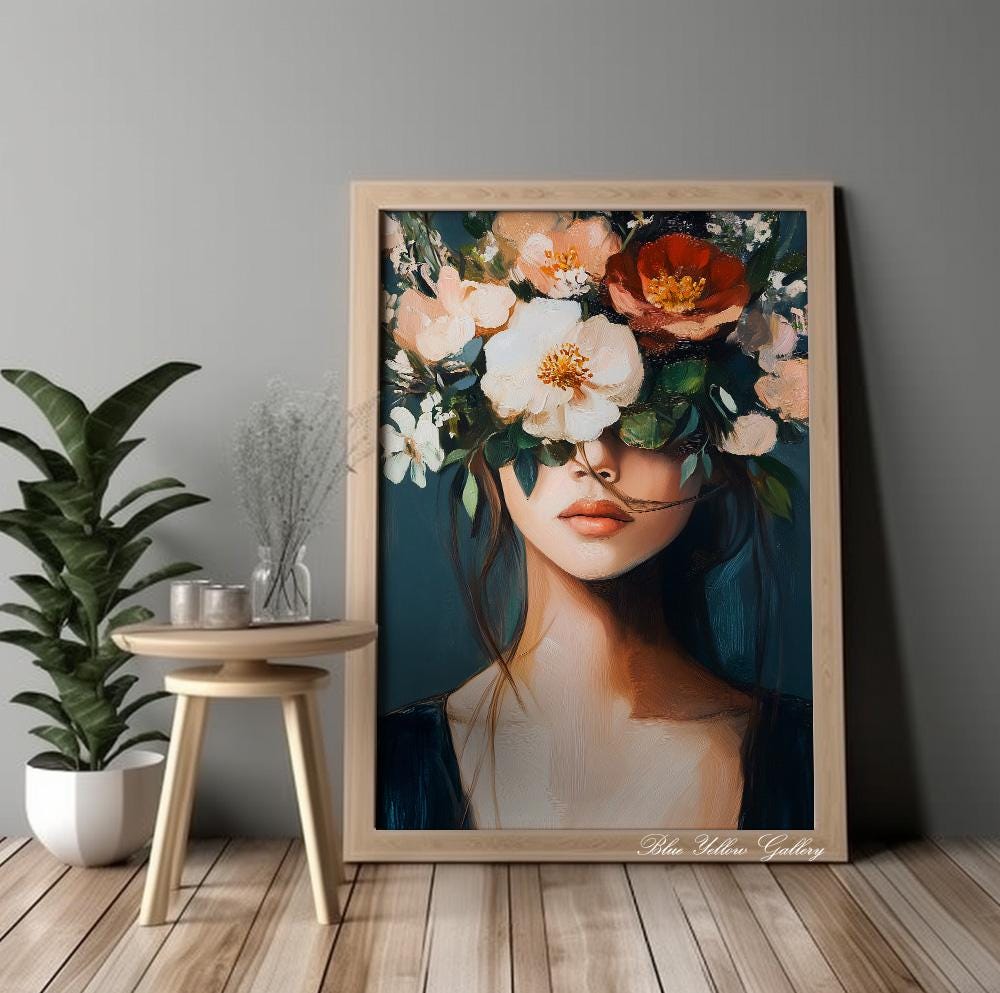 Mid Century Female Flower Print – navy tones, abstract people art, boho chic wall decor
