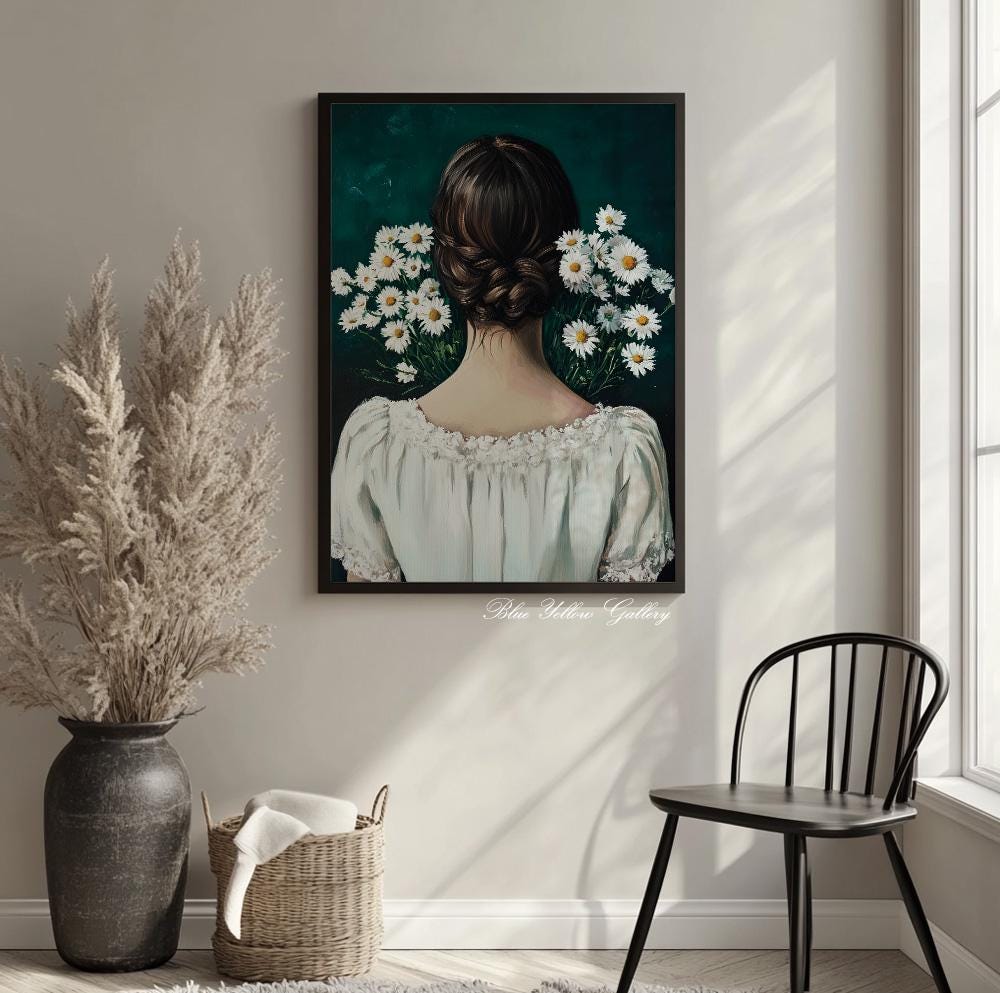 Emerald Lady with Flowers – mid century modern figurative print, boho wall decor, abstract art