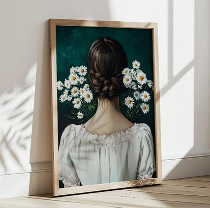 Emerald Female Figure with Flowers – modern abstract wall art, floral boho decor, mid century style