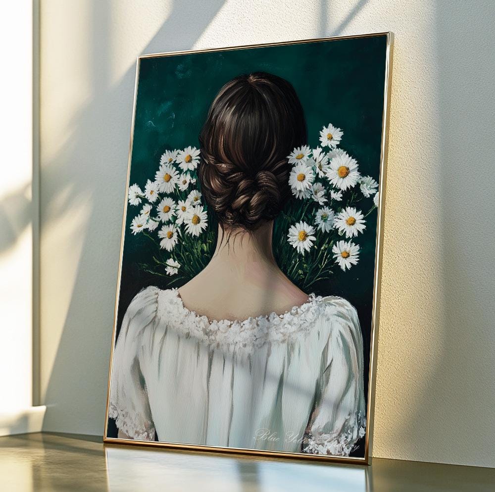 Emerald Green Figurative Female Print – floral woman art, abstract people wall decor for living room