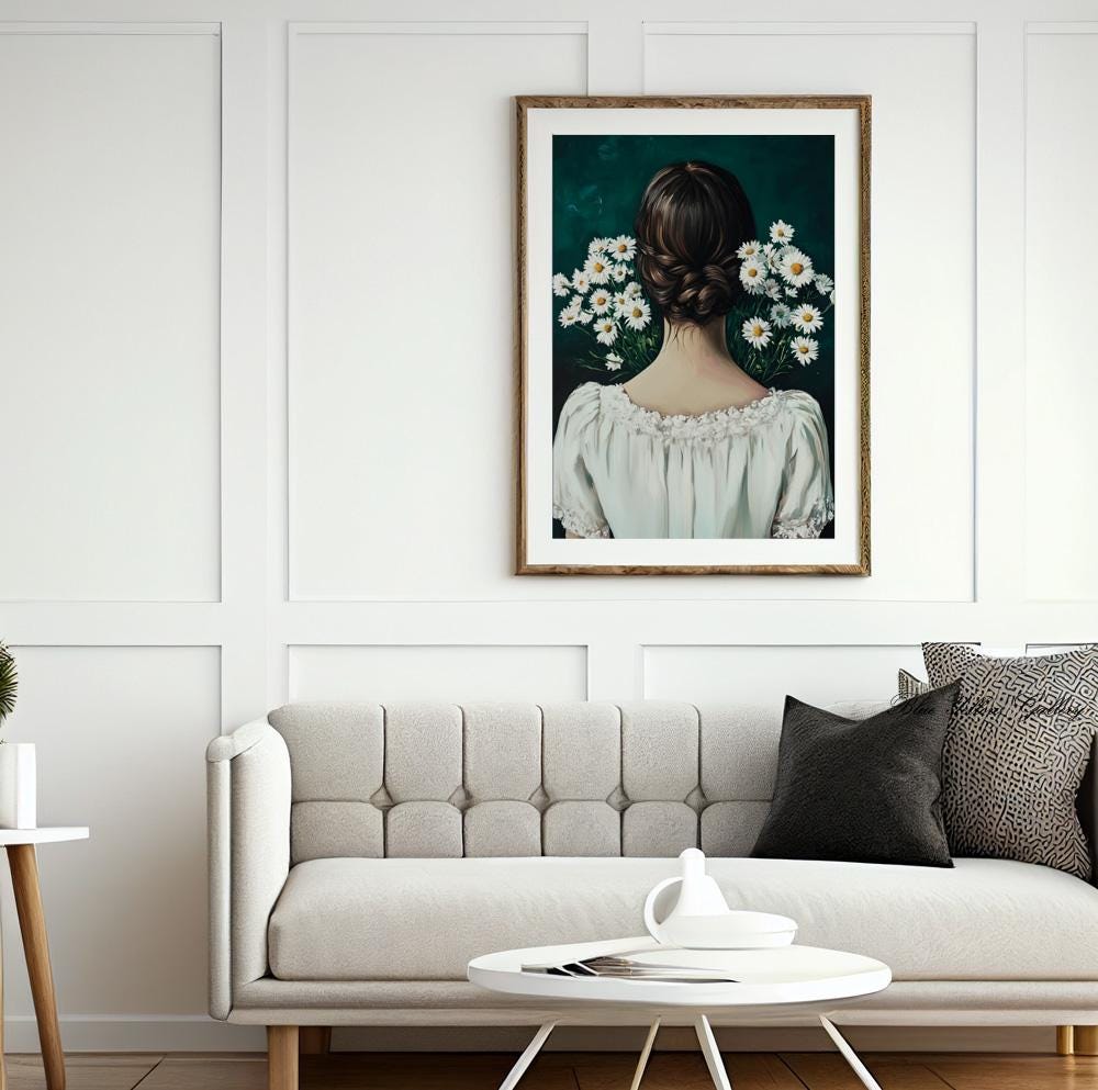 Floral Woman in Emerald Green – figurative abstract feminine wall art, eclectic mid century print