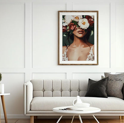 Emerald Lady with Flowers – mid century modern figurative print, boho wall decor, abstract art