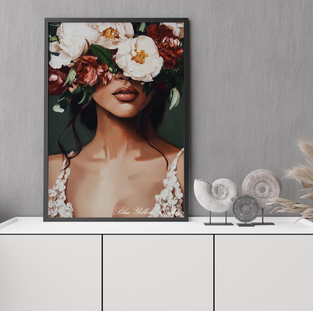 Mid Century Floral Woman Poster – emerald and blush abstract female art, boho eclectic print