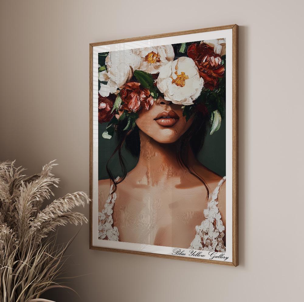 Emerald Female Figure with Flowers – modern abstract wall art, floral boho decor, mid century style