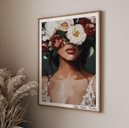 Emerald Female Figure with Flowers – modern abstract wall art, floral boho decor, mid century style