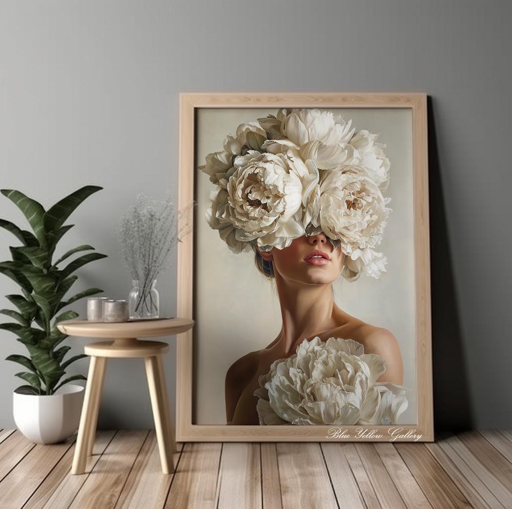 High-quality wall art print with realistic peony flowers and soft beige background.