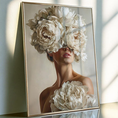 Elegant portrait of woman with peonies, luxury botanical wall decor.