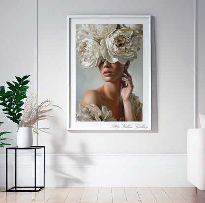 Luxury feminine artwork of woman adorned with flowers, fine art quality print.