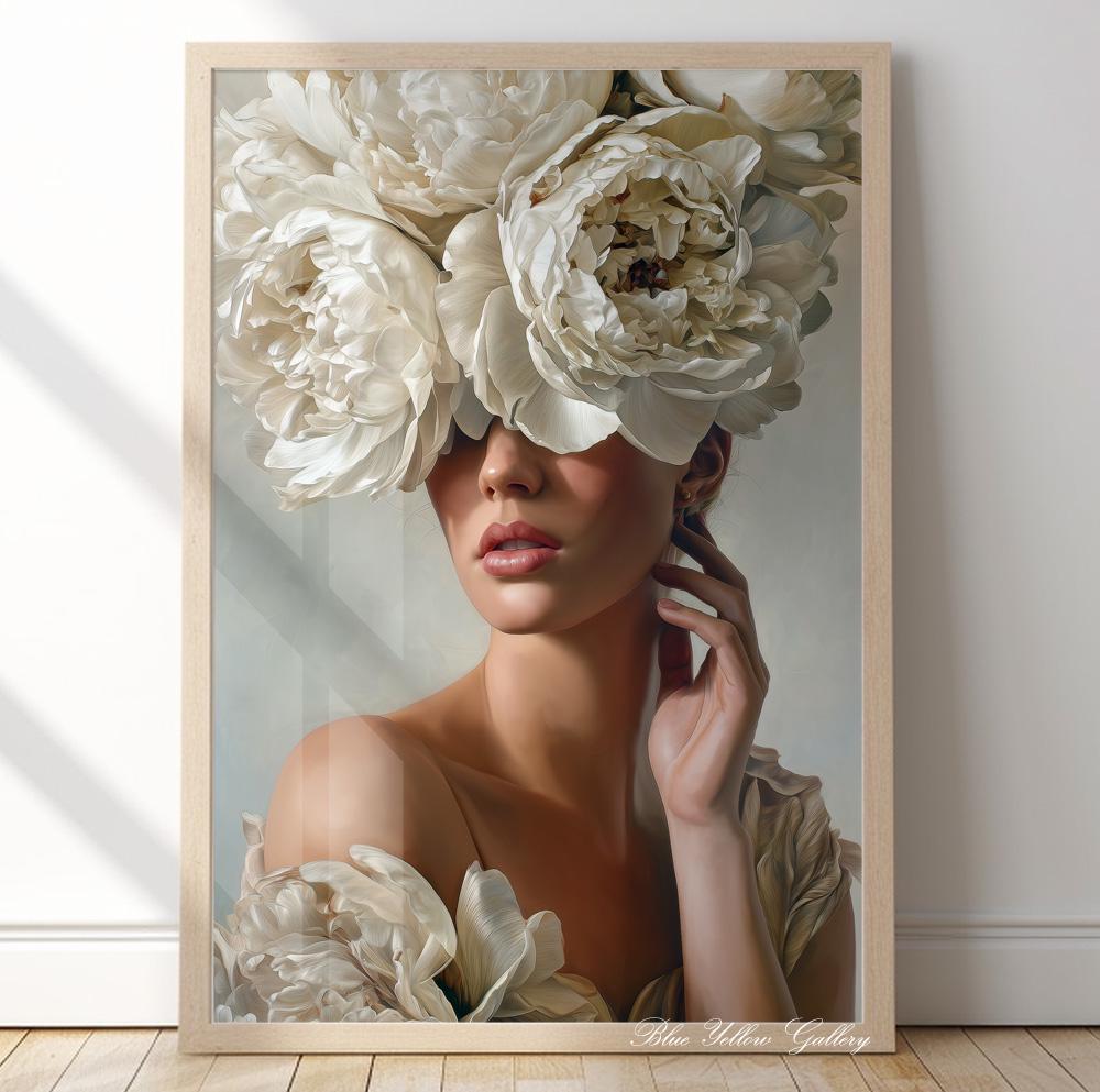 Modern floral portrait wall art print of woman with white peonies in neutral tones.