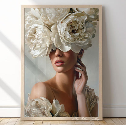 Modern floral portrait wall art print of woman with white peonies in neutral tones.