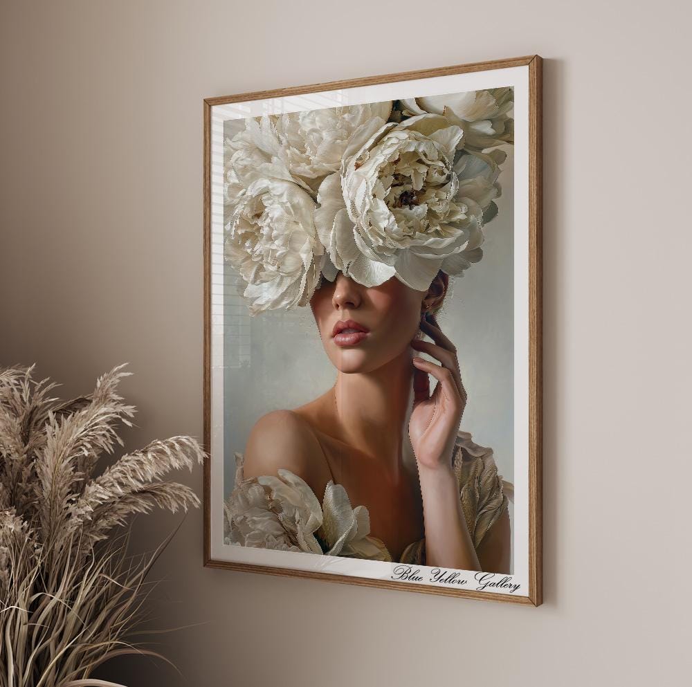 Neutral aesthetic wall art print, floral portrait for modern home interiors.
