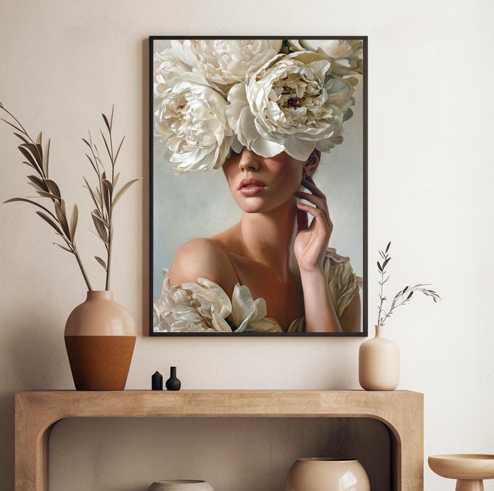 Botanical woman wall decor with large white peonies and soft beige background.