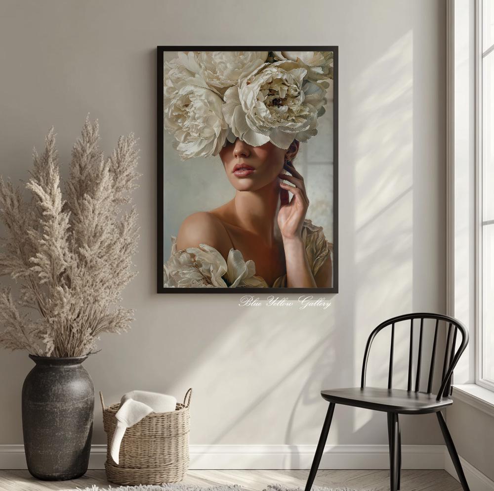 Neutral modern wall decor featuring elegant woman and white peony flowers.
