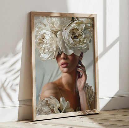 Feminine wall art print with soft floral tones for living room or office decor.