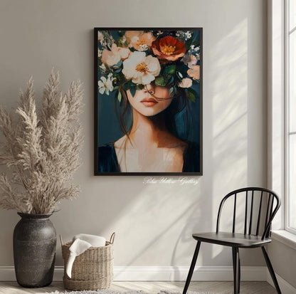 Abstract Woman with Flowers in Blue – boho eclectic wall art, mid century female portrait print