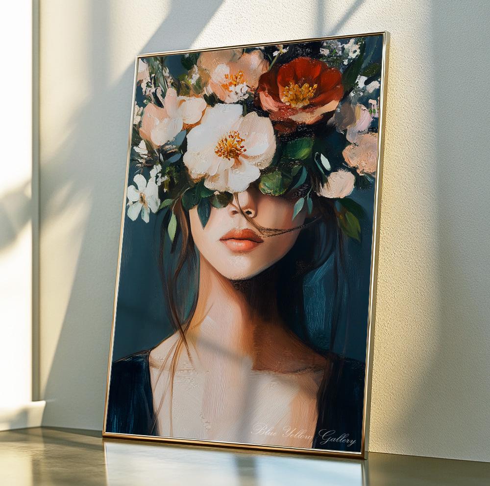 Floral Woman in Navy – figurative abstract feminine wall art, eclectic mid century print