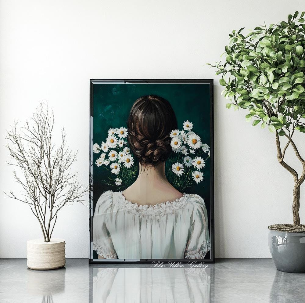 Abstract Woman with Flowers in Emerald Green – boho eclectic wall art, mid century female portrait print