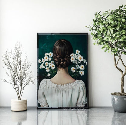 Abstract Woman with Flowers in Emerald Green – boho eclectic wall art, mid century female portrait print