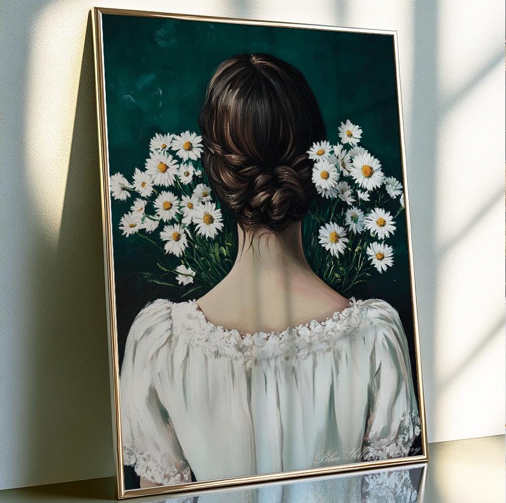 Floral Female Portrait in Emerald – mid century abstract people art print for stylish home decor
