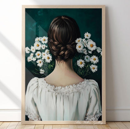 Emerald Green Mid Century Woman Print – floral female wall art, abstract people art boho decor