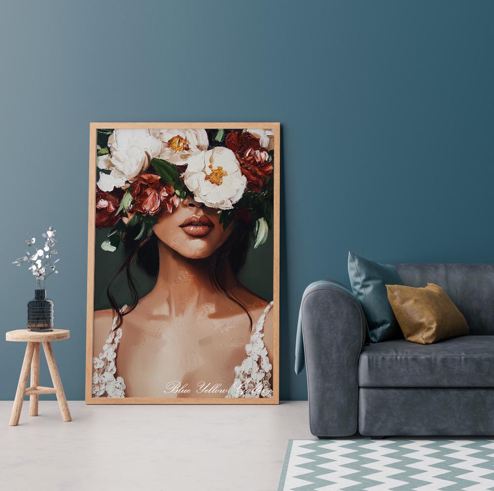 Emerald Green Figurative Female Print – floral woman art, abstract people wall decor for living room