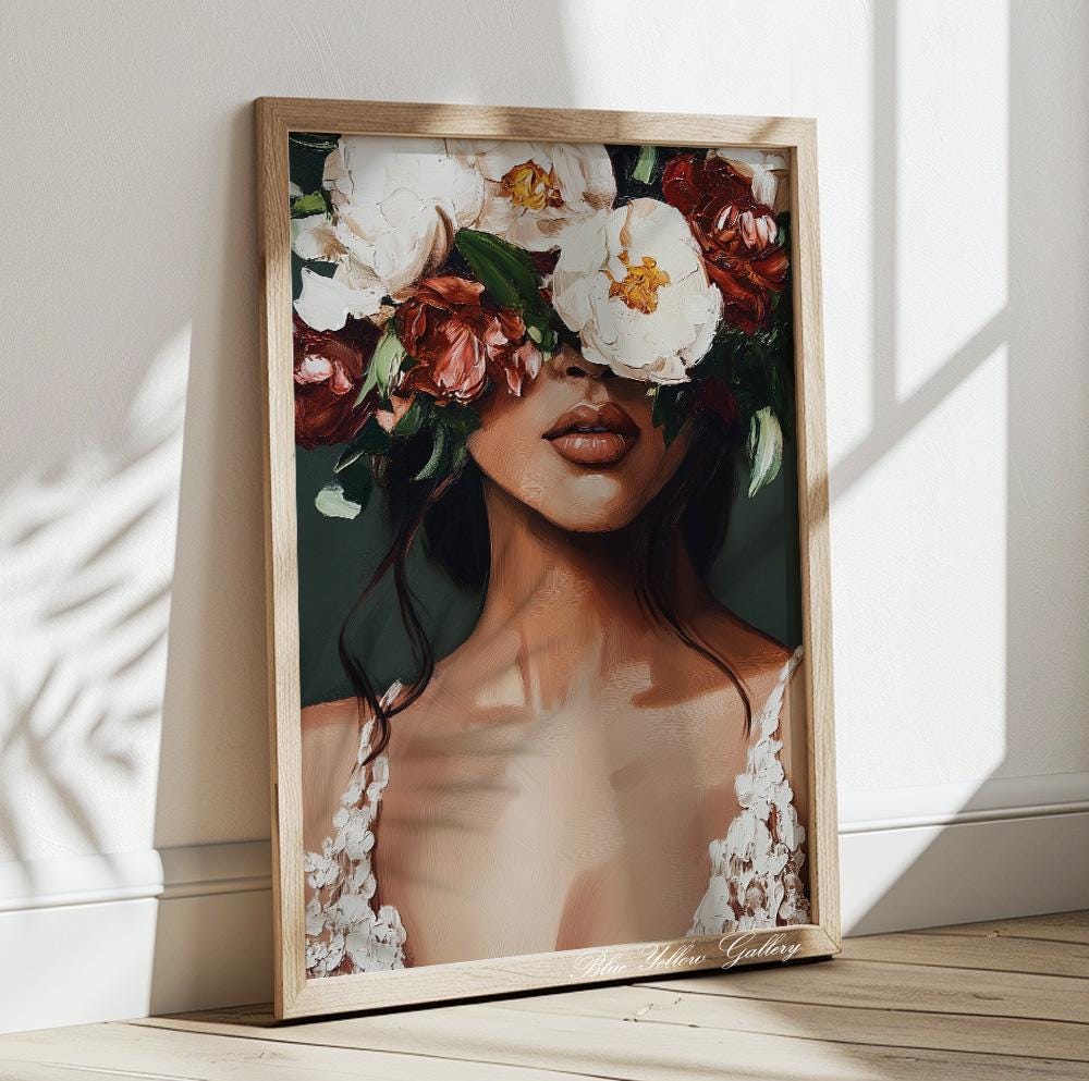 Abstract Woman with Flowers in Emerald Green – boho eclectic wall art, mid century female portrait print