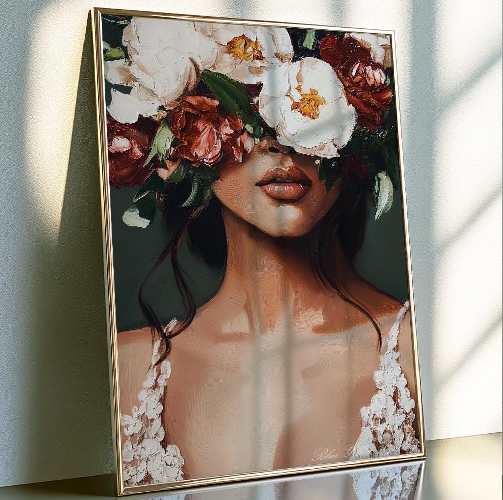 Floral Female Portrait in Emerald – mid century abstract people art print for stylish home decor