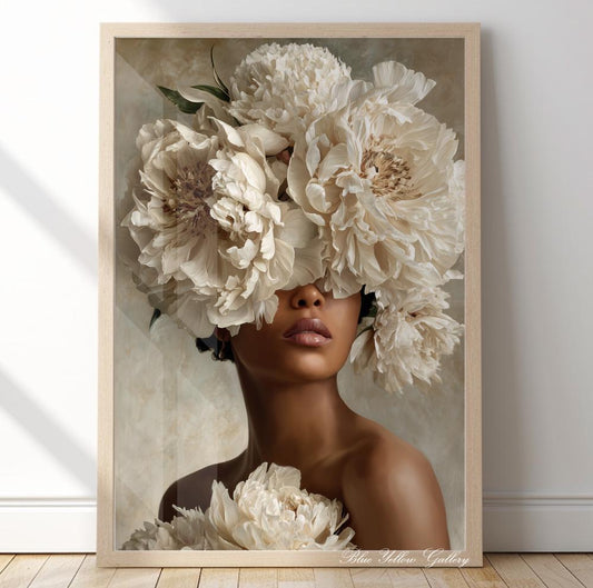 Modern floral woman wall art print with white peonies, neutral feminine home decor.