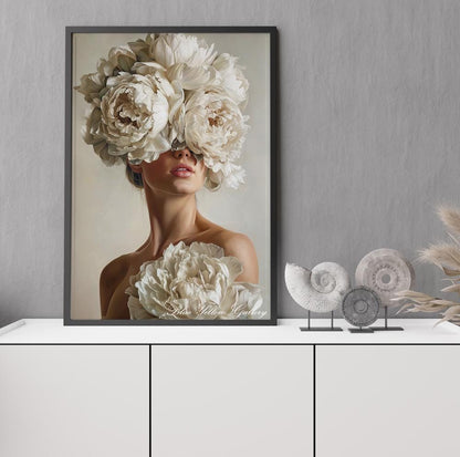 Contemporary woman art print with floral headpiece, printed on archival paper.