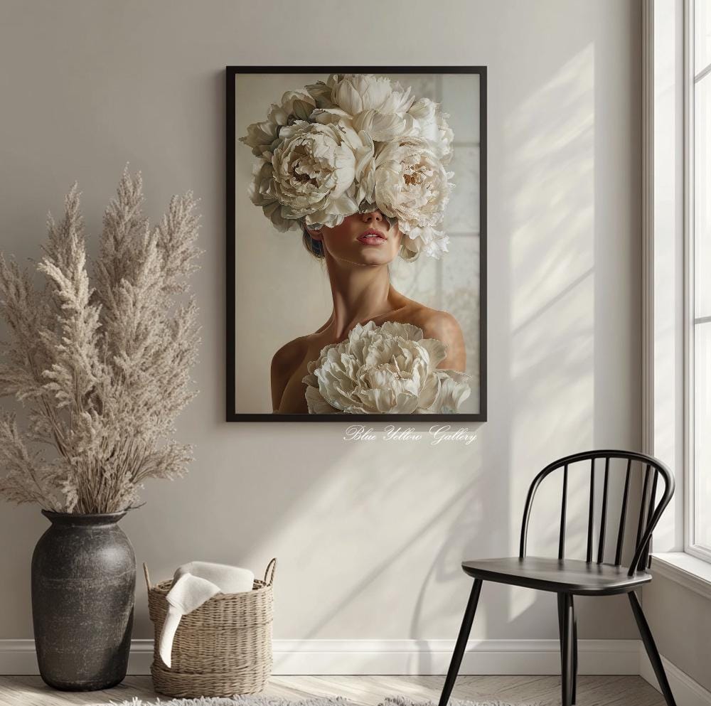 Modern feminine wall art featuring white flowers, printed on fine art paper.