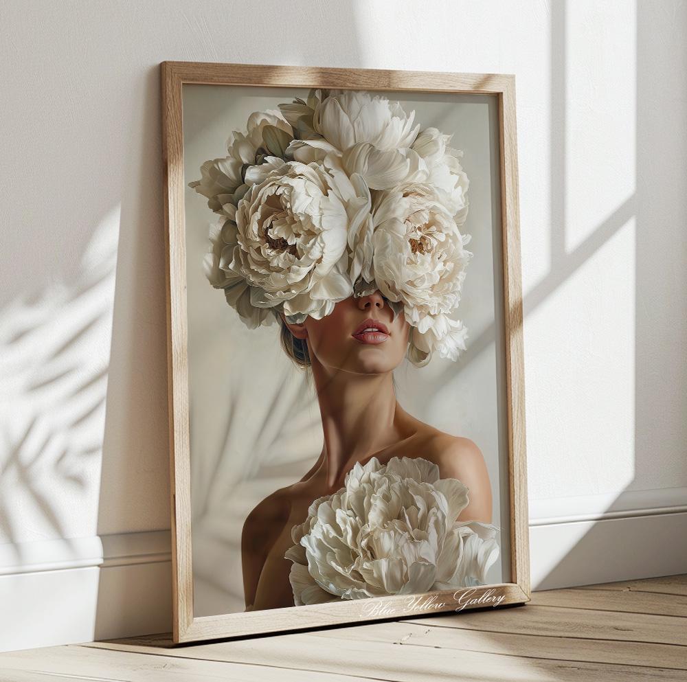 Premium art print of woman with floral headdress in neutral beige tones.