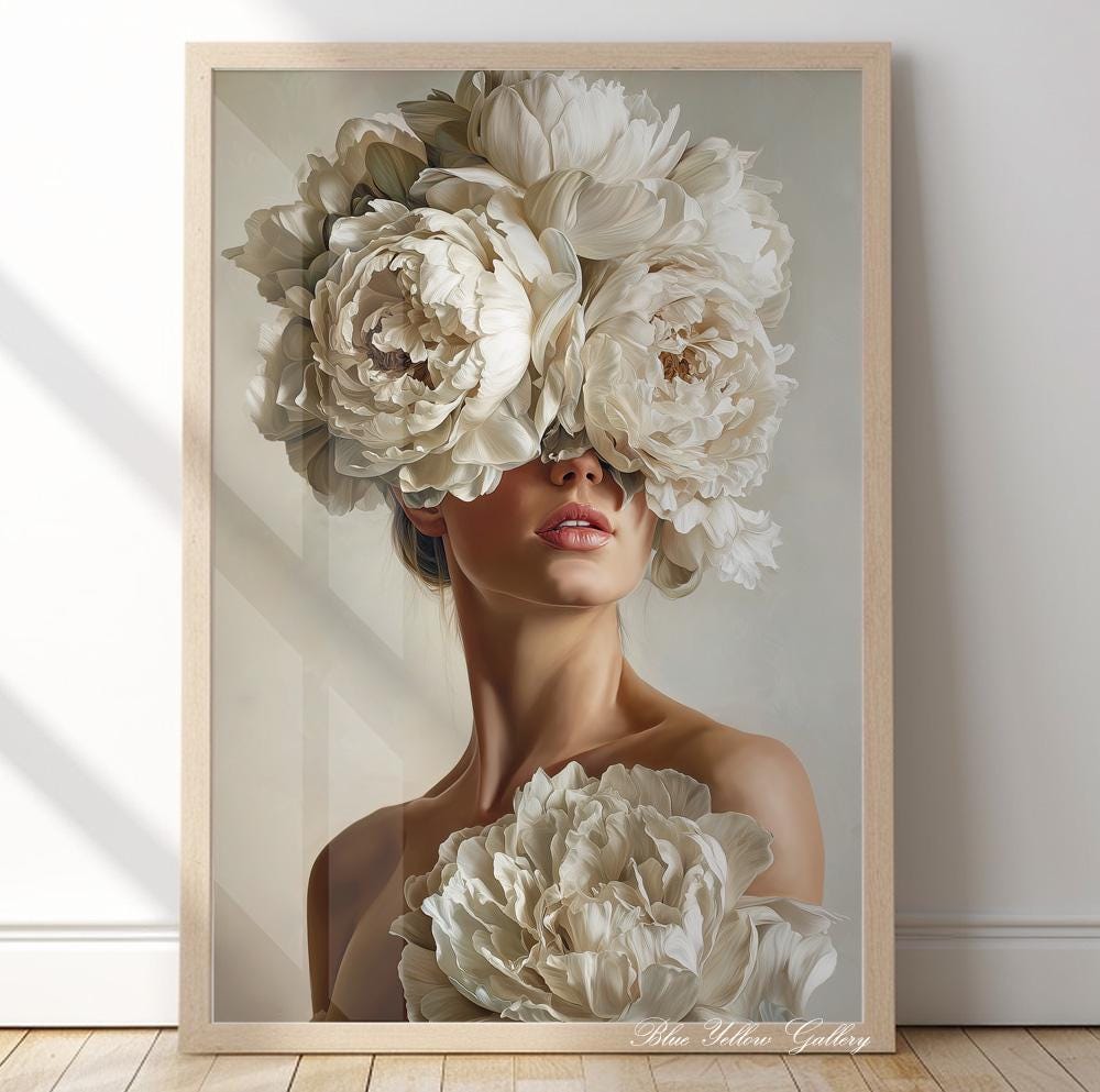 Floral woman wall art print with white peonies, elegant feminine portrait for modern home decor.