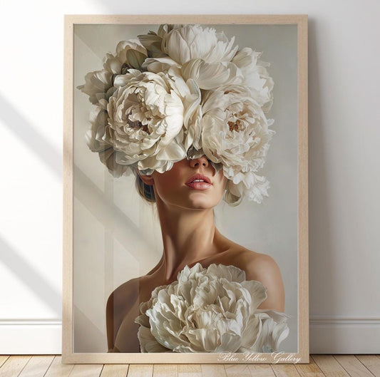 Floral woman wall art print with white peonies, elegant feminine portrait for modern home decor.