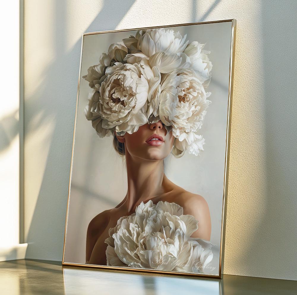 Neutral modern art print for living room or bedroom, floral woman artwork.