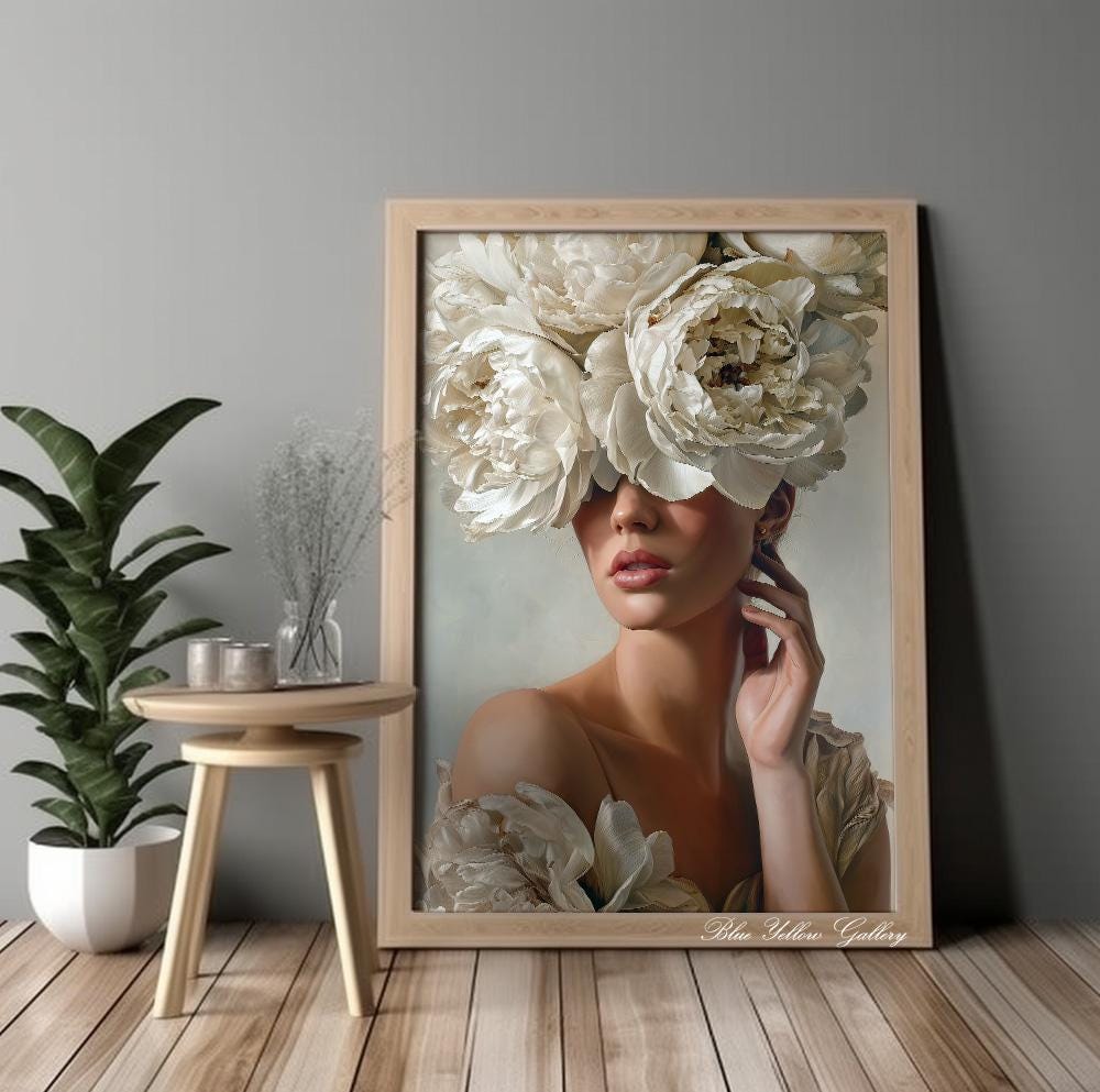 Modern woman art print with peony blooms, minimalist neutral wall decor.
