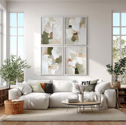 Neutral abstract wall art set of 4, modern minimalist beige and green prints.