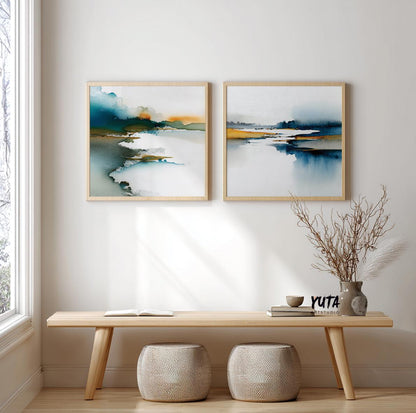 Set of two modern coastal abstract prints with teal and yellow accents.