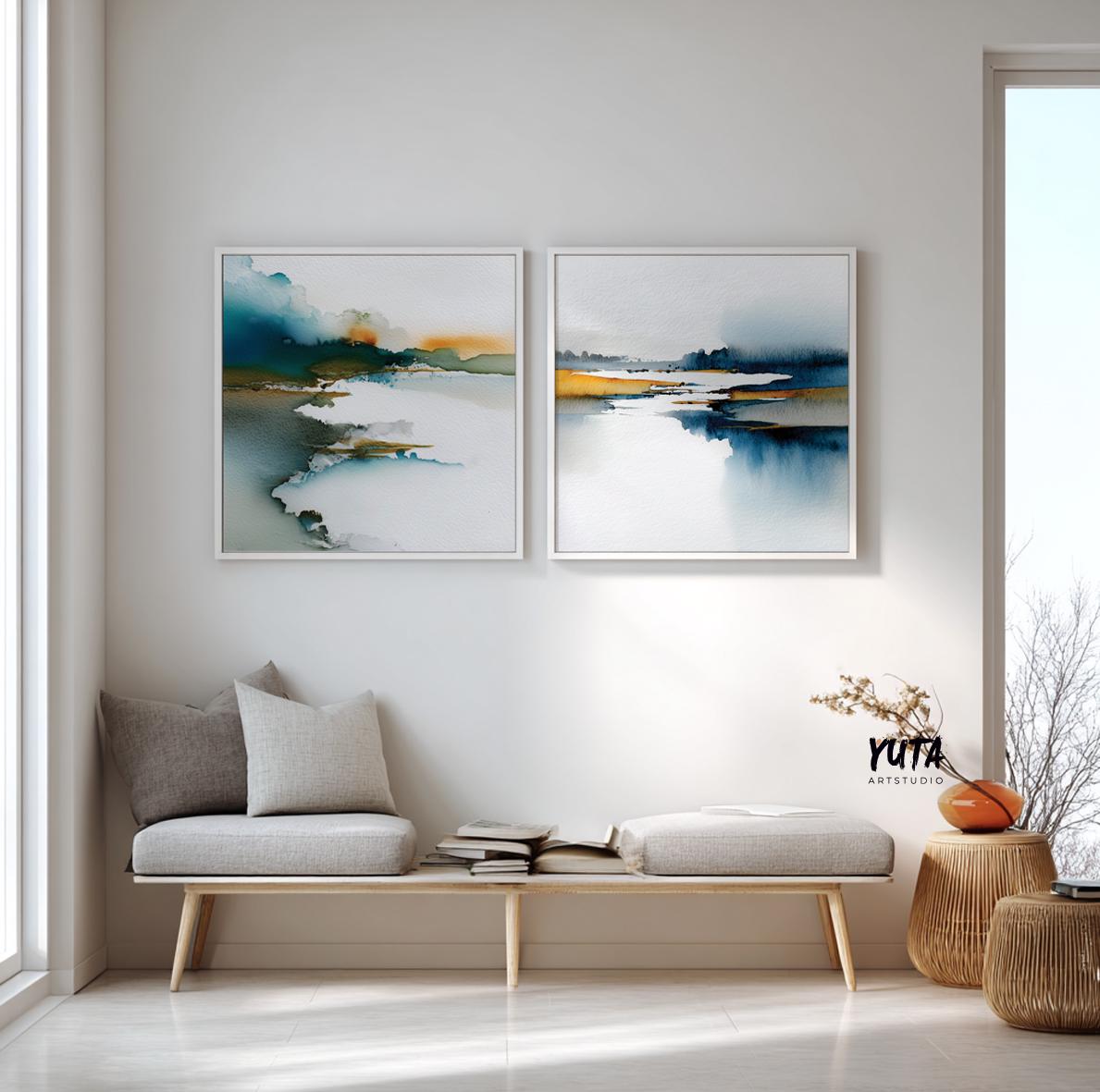 Contemporary abstract nature prints in teal and gold-like mustard hues.