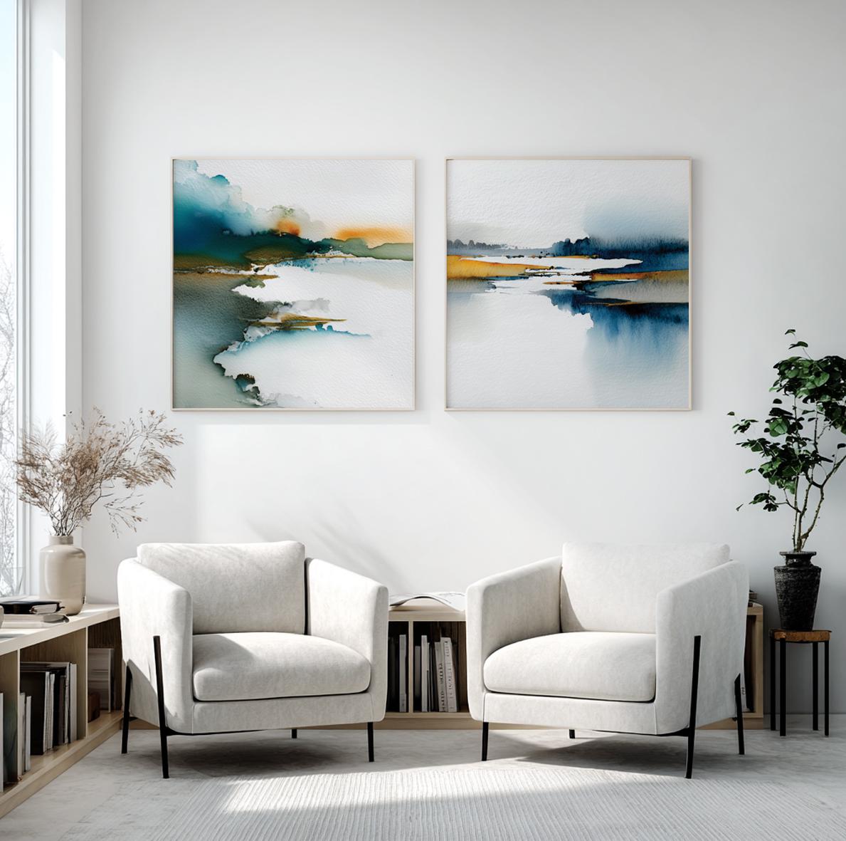 Minimalist watercolor landscape artwork featuring soft blue and mustard brushstrokes.