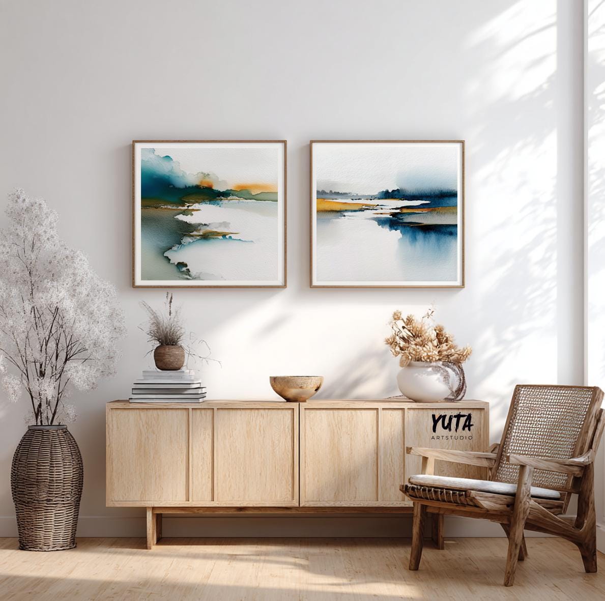 Blue and mustard abstract wall decor with modern minimalist style.