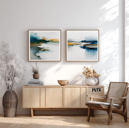 Blue and mustard abstract wall decor with modern minimalist style.