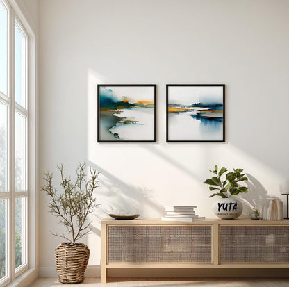 Coastal-inspired abstract paintings in blue and warm mustard shades.