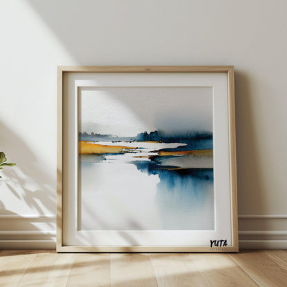 Minimalist watercolor landscape painting, blue and yellow abstract wall art.