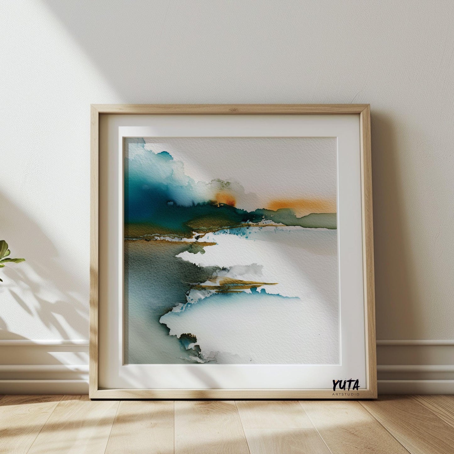 Abstract landscape watercolor art with blue and mustard tones