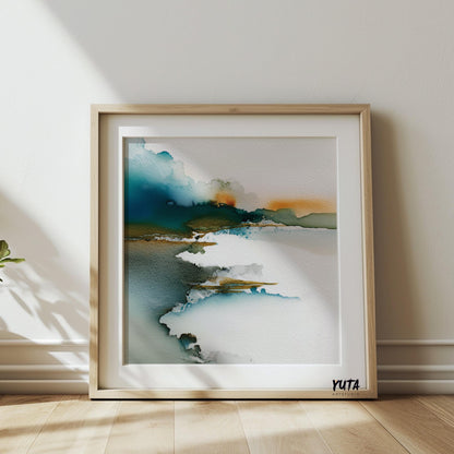Abstract landscape watercolor art with blue and mustard tones
